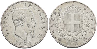 Regno D'italia. Milano. Vittorio Emanuele II (1861-1878). 5 Lire 1870. Gig. 40; Ag; 25gr. Bb+
