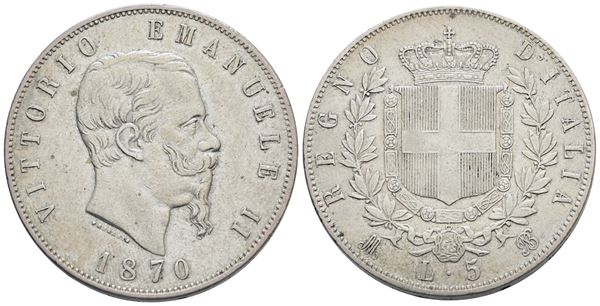 REGNO D'ITALIA. MILANO. Vittorio Emanuele II (1861-1878). 5 lire 1870. Gig. 40; Ag; 25gr. BB+