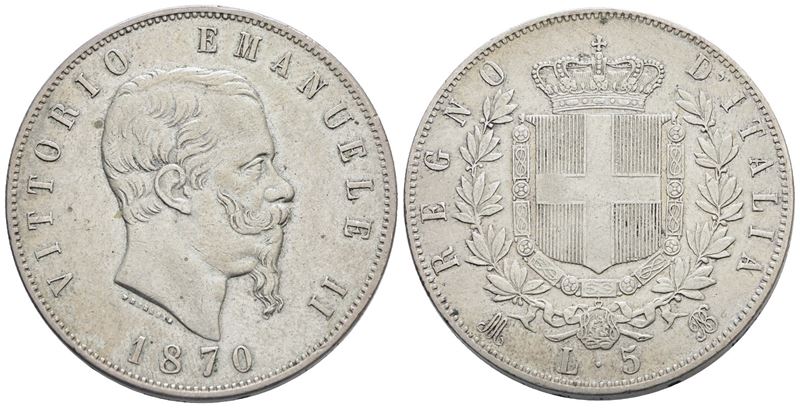 Regno D'italia. Milano. Vittorio Emanuele II (1861-1878). 5 Lire 1870. Gig. 40; Ag; 25gr. Bb+
