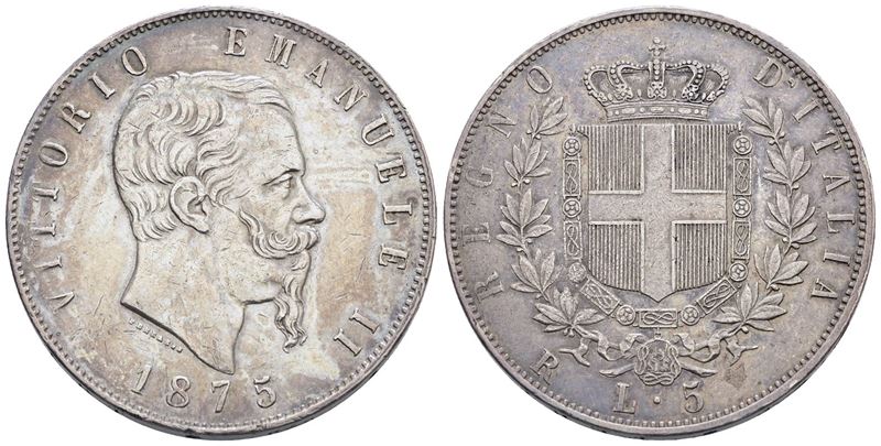 Regno D'italia. Roma. Vittorio Emanuele II (1861-1878). 5 Lire 1875. Gig. 50; Ag; 25gr. Bb+