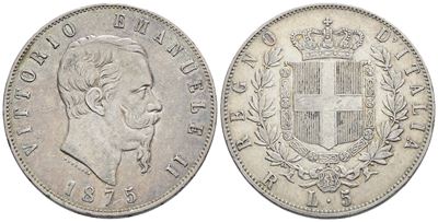 Regno D'italia. Roma. Vittorio Emanuele II (1861-1878). 5 Lire 1875. Gig. 50; Ag; 25gr. Bb/spl