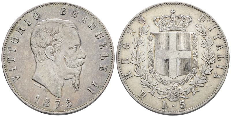 Regno D'italia. Roma. Vittorio Emanuele II (1861-1878). 5 Lire 1875. Gig. 50; Ag; 25gr. Bb/spl