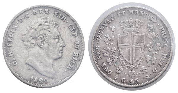 REGNO DI SARDEGNA. TORINO. Carlo Felice (1821-1831). 25 centesimi 1829. Gig.101; Ag; 1,25gr. Raro. BB+