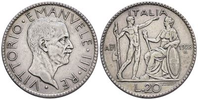 Regno D'italia. Vittorio Emanuele III (1900-1943). 20 Lire 1928 "littore". Ag; 15gr; Gig.37; Nc; ...