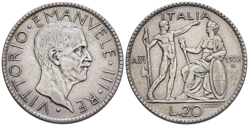 Regno D'italia. Vittorio Emanuele III (1900-1943). 20 Lire 1928 "littore". Ag; 15gr; Gig.37; Nc; ...