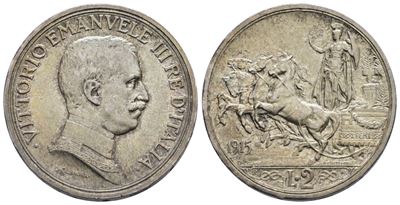 Regno D'italia. Vittorio Emanuele III (1900-1943). 2 Lire 1915 "quadriga Briosa". Ag; 10gr; Gig. ...