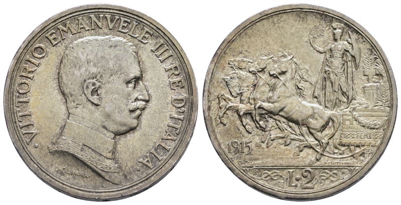 Regno D'italia. Vittorio Emanuele III (1900-1943). 2 Lire 1915 "quadriga Briosa". Ag; 10gr; Gig. ...