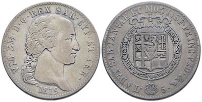 Regno di Sardegna. Torino. Vittorio Emanuele i (1802-1821). 5 Lire 1819. Ag; 25gr; Gig.20; Rara. ...