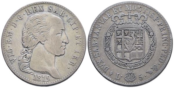 REGNO DI SARDEGNA. TORINO. Vittorio Emanuele I (1802-1821). 5 lire 1819. Ag; 25gr; Gig.20; Rara. BB