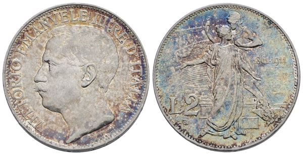REGNO D'ITALIA. Vittorio Emanuele III (1900-1943). 2 Lire 1911 "cinquantenario". Ag (10 g; 27 mm). BB/SPL, bellissima patina iridescente
