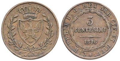 Regno di Sardegna. Genova. Carlo Felice (1821-1831). 3 Centesimi 1826. Cu; Bb+