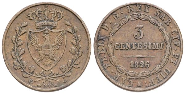 REGNO DI SARDEGNA. GENOVA. Carlo Felice (1821-1831). 3 centesimi 1826. Cu; BB+