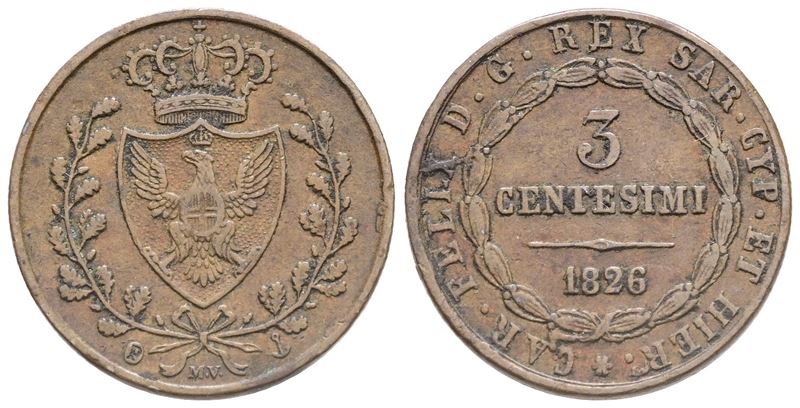 Regno di Sardegna. Genova. Carlo Felice (1821-1831). 3 Centesimi 1826. Cu; Bb+