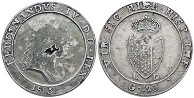 Napoli. Regno di Napoli. Ferdinando IV di Borbone (1799-1805 II Per.). Piastra 120 Grana 1805 "ca...