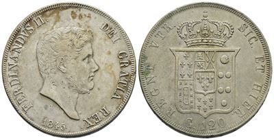 Napoli. Regno delle Due Sicilie. Ferdinando II di Borbone (1830-1859). Piastra da 120 Grana 1845....