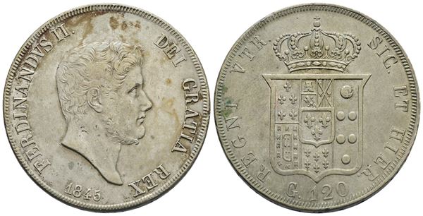 Napoli. Regno delle Due Sicilie. Ferdinando II di Borbone (1830-1859). Piastra da 120 Grana 1845. Ag (g 27,44). BB/qSPL