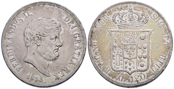 NAPOLI. REGNO DELLE DUE SICILIE. Ferdinando II di Borbone (1830-1859). Piastra da 120 grana 1853. Ag (27,52 g; 36,8 mm).Gig. 84. BB+