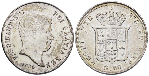 NAPOLI. REGNO DELLE DUE SICILIE. Ferdinando II di Borbone (1830-1859). 60 grana 1836. Ag; 13,7gr; Gig.96a; BB/SPL