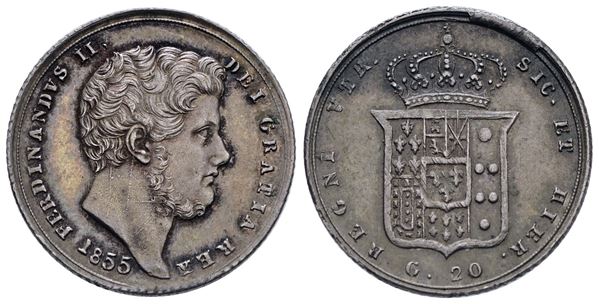NAPOLI. REGNO DELLE DUE SICILIE. Ferdinando II di Borbone (1830-1859). Tarì da 20 grana 1855. Ag (4,58 g; 21,5 mm). SPL/qFDC