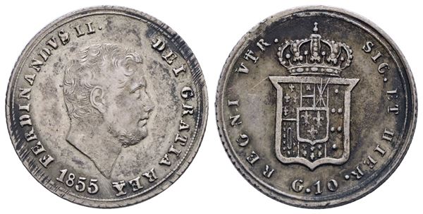NAPOLI. REGNO DELLE DUE SICILIE. Ferdinando II di Borbone (1830-1859). Carlino, 10 grana 1855. Ag (2,30g; 18 mm). Gig. 169. BB+