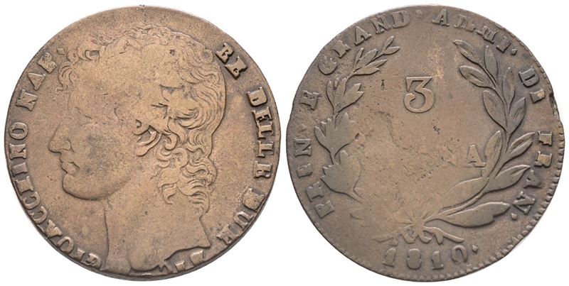 Napoli. Regno delle Due Sicilie. Gioacchino Napoleone (1808-1815). 3 Grana 1810. Cu; 18gr; Gig.5;...