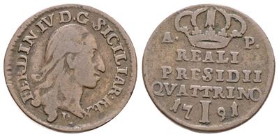 Napoli. Reali Presidi. Ferdinando IV di Borbone (1759-1799). Quattrino 1791. Cu. Gig.8. Raro. Bb