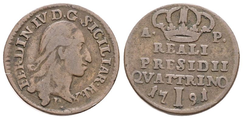 Napoli. Reali Presidi. Ferdinando IV di Borbone (1759-1799). Quattrino 1791. Cu. Gig.8. Raro. Bb