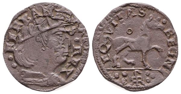 NAPOLI. REGNO DI NAPOLI. Ferdinando I d'Aragona (1458-1494). Cavallo, raro monogramma al rov. con R bifrontale. Cu (g 1,68). Pannuti e Riccio 53a. BB+