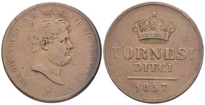 Napoli. Regno delle Due Sicilie. Ferdinando II di Borbone (1830-1859). 10 Tornesi 1857. Cu (28,08...