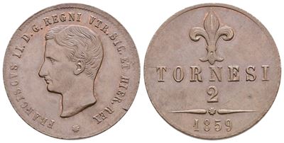 Napoli. Regno delle Due Sicilie. Francesco II di Borbone (1859-1861). 2 Tornesi 1859, Ae (5,55gr)...