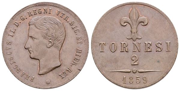NAPOLI. REGNO DELLE DUE SICILIE. Francesco II di Borbone (1859-1861). 2 tornesi 1859, Ae (5,55gr). Gig. 6. SPL+