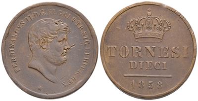 Napoli. Regno delle Due Sicilie. Ferdinando II di Borbone (1830-1859). 10 Tornesi 1858. a Capovol...
