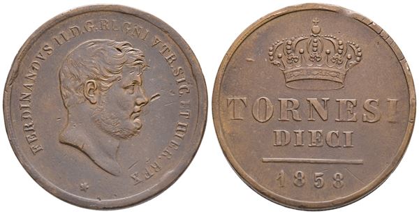 NAPOLI. REGNO DELLE DUE SICILIE. Ferdinando II di Borbone (1830-1859). 10 tornesi 1858. A capovolte anzichè V. Cu (31,66gr). Gig. 209b. Rara. BB+, colpetti al bordo 