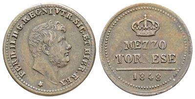 Napoli. Regno delle Due Sicilie. Ferdinando II di Borbone (1830-1859). 1/2 Tornese 1848. Cu. 1,55...