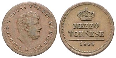 Napoli. Regno delle Due Sicilie. Ferdinando II di Borbone (1830-1859). 1/2 Tornese 1853. Cu; 1,55...