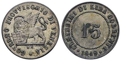 Venezia. Governo Provvisorio (1848-1849). 15 Centesimi 1848. Mi; 1,66gr; Gig.8; Qspl