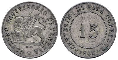 Venezia. Governo Provvisorio (1848-1849). 15 Centesimi 1848. Mi; 1,82gr; Gig.8; Bb/spl