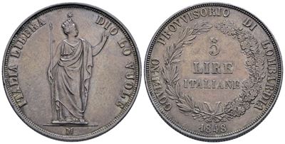 Milano. Governo Provvisorio di Lombardia (1848). 5 Lire 1848; Ag (25 G; 37 MM) Gig.3. Bb/spl