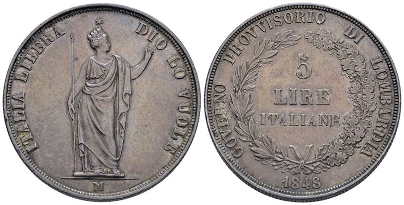 Milano. Governo Provvisorio di Lombardia (1848). 5 Lire 1848; Ag (25 G; 37 MM) Gig.3. Bb/spl