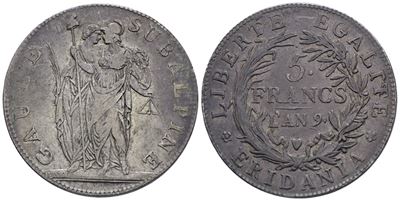 Torino. Repubblica Subalpina (1800-1802). 5 Franchi An 9. Ag. 25gr. Bb+, Patina di Antica Collezi...