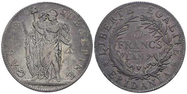 TORINO. Repubblica Subalpina (1800-1802). 5 Franchi An 9. Ag. 25gr. BB+, patina di antica collezione.