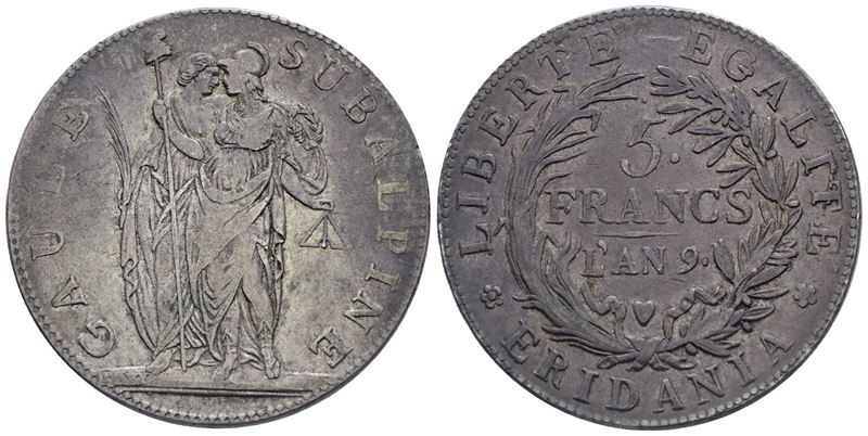 Torino. Repubblica Subalpina (1800-1802). 5 Franchi An 9. Ag. 25gr. Bb+, Patina di Antica Collezi...