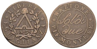 Torino. Repubblica Piemontese (1798-1799). 2 Soldi Anno 9. Cu; 9,96gr; Gig.3a; Bb