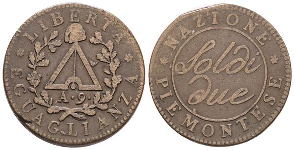 TORINO. Repubblica Piemontese (1798-1799). 2 soldi anno 9. Cu; 9,96gr; Gig.3a; BB