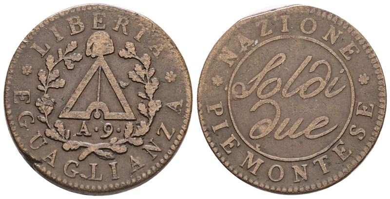 Torino. Repubblica Piemontese (1798-1799). 2 Soldi Anno 9. Cu; 9,96gr; Gig.3a; Bb