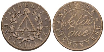 Torino. Repubblica Piemontese (1798-1799). 2 Soldi Anno 9. Cu; 10,7gr; Gig.3a; Bb