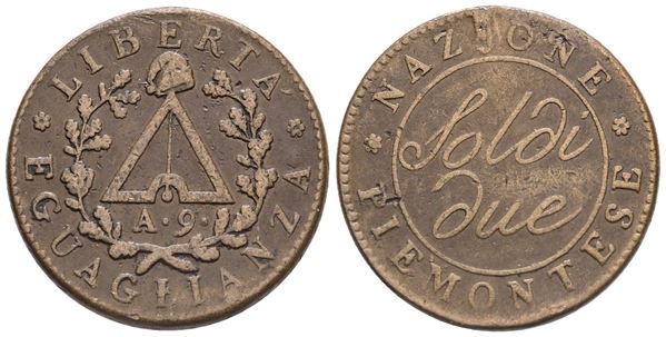 TORINO. Repubblica Piemontese (1798-1799). 2 soldi anno 9. Cu; 10,7gr; Gig.3a; BB