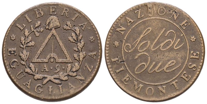 Torino. Repubblica Piemontese (1798-1799). 2 Soldi Anno 9. Cu; 10,7gr; Gig.3a; Bb