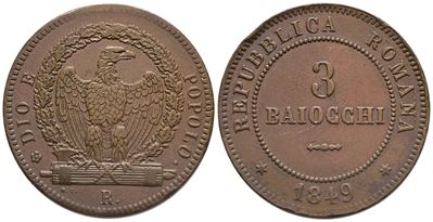 Repubblica Romana. Roma (1849-1849). 3 Baiocchi 1849. Cu; 24,85gr; Gig.7; Spl, Colpetto al Bordo.