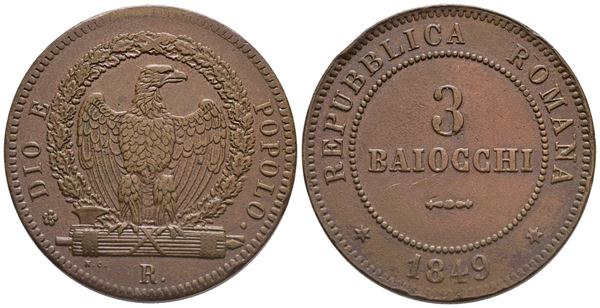 REPUBBLICA ROMANA. ROMA (1849-1849). 3 baiocchi 1849. Cu; 24,85gr; Gig.7; SPL, colpetto al bordo.